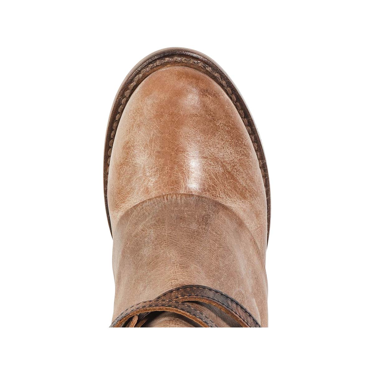 Top view showing round toe and leather ankle overlay on FREEBIRD women's Cassius beige multi tall leather boot