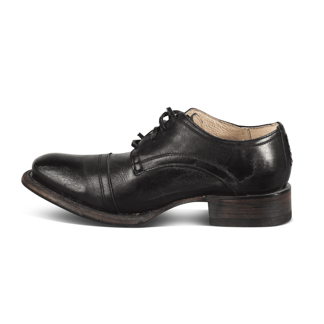 Inside view showing stitch detailing and leather laces on FREEBIRD men's Finn black shoe