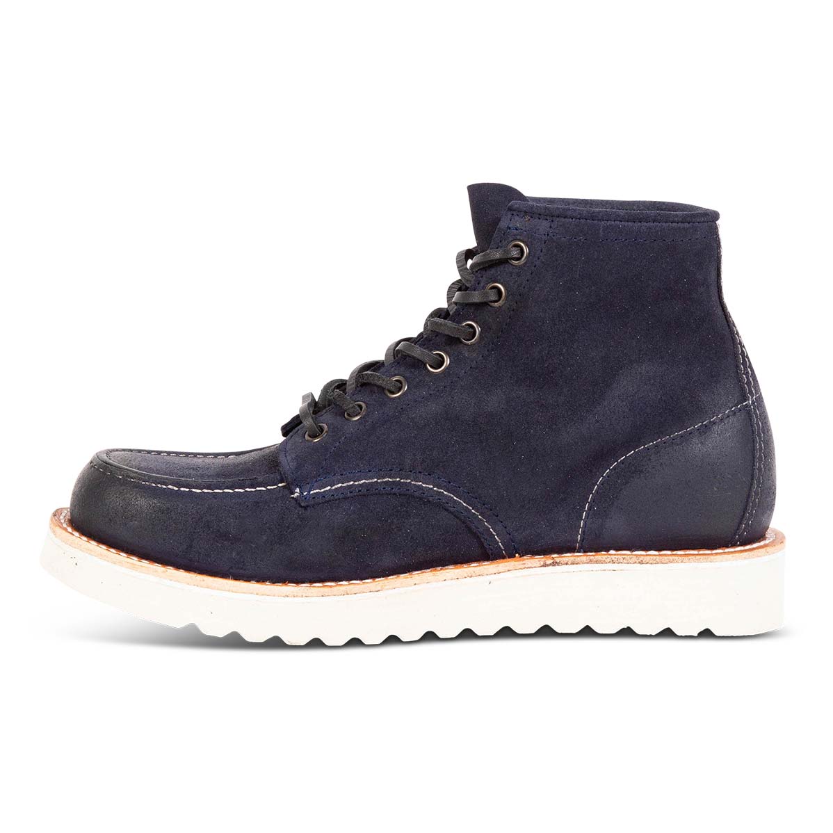 Inside view showing suede body and soft sole on FREEBIRD men's Carbon navy suede shoe