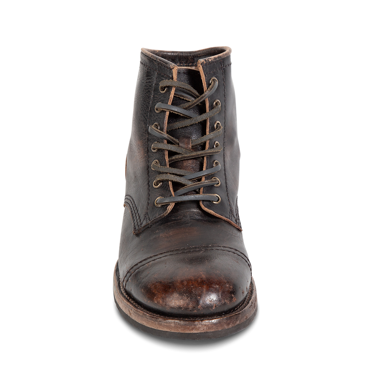 Front view showing adjustable leather lace closure on FREEBIRD men's Leavenworth black distressed boot