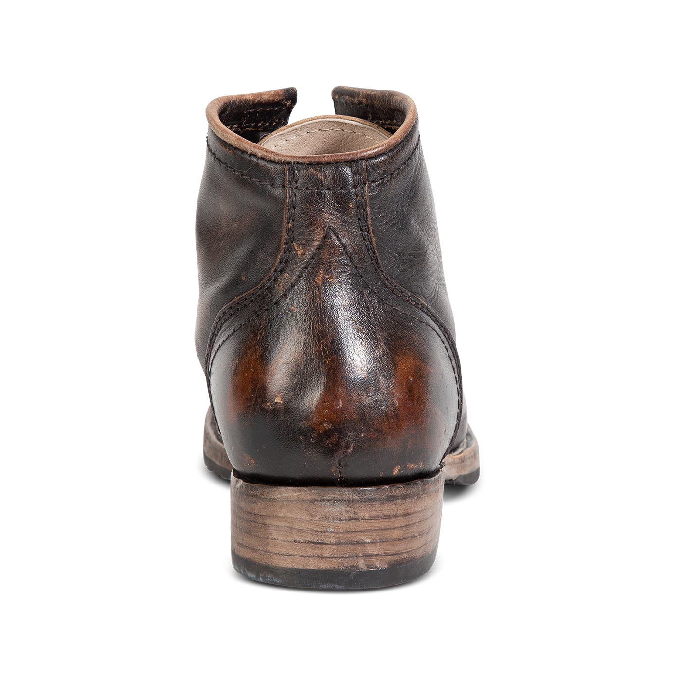Back view showing low heel on FREEBIRD men's Leavenworth black distressed boot