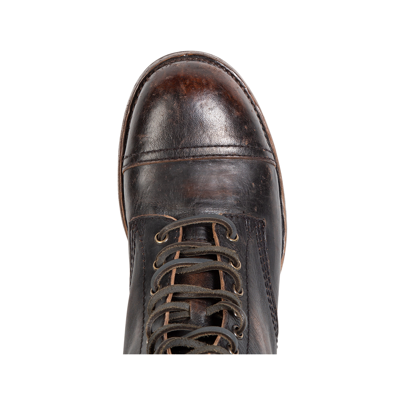 Top view showing round toe and leather lacing on FREEBIRD men's Leavenworth black distressed boot