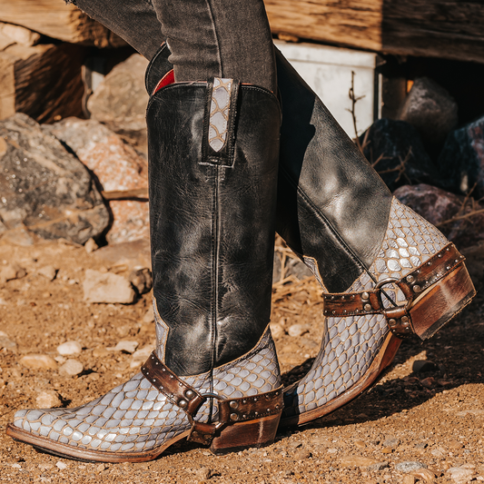 FREEBIRD women's Lusitano navy croco multi western boot with embellished harness and snip toe