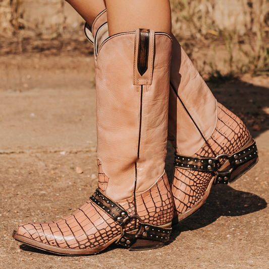 FREEBIRD women's Lusitano pink croco western boot with embellished harness and snip toe