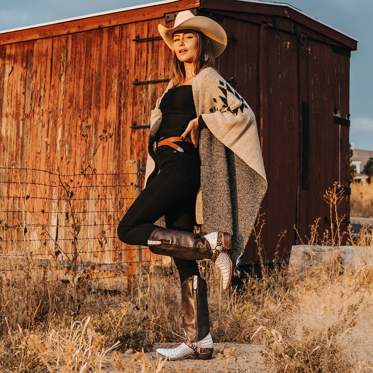 FREEBIRD women's Lusitano white croco multi western boot with embellished harness and snip toe lifestyle image