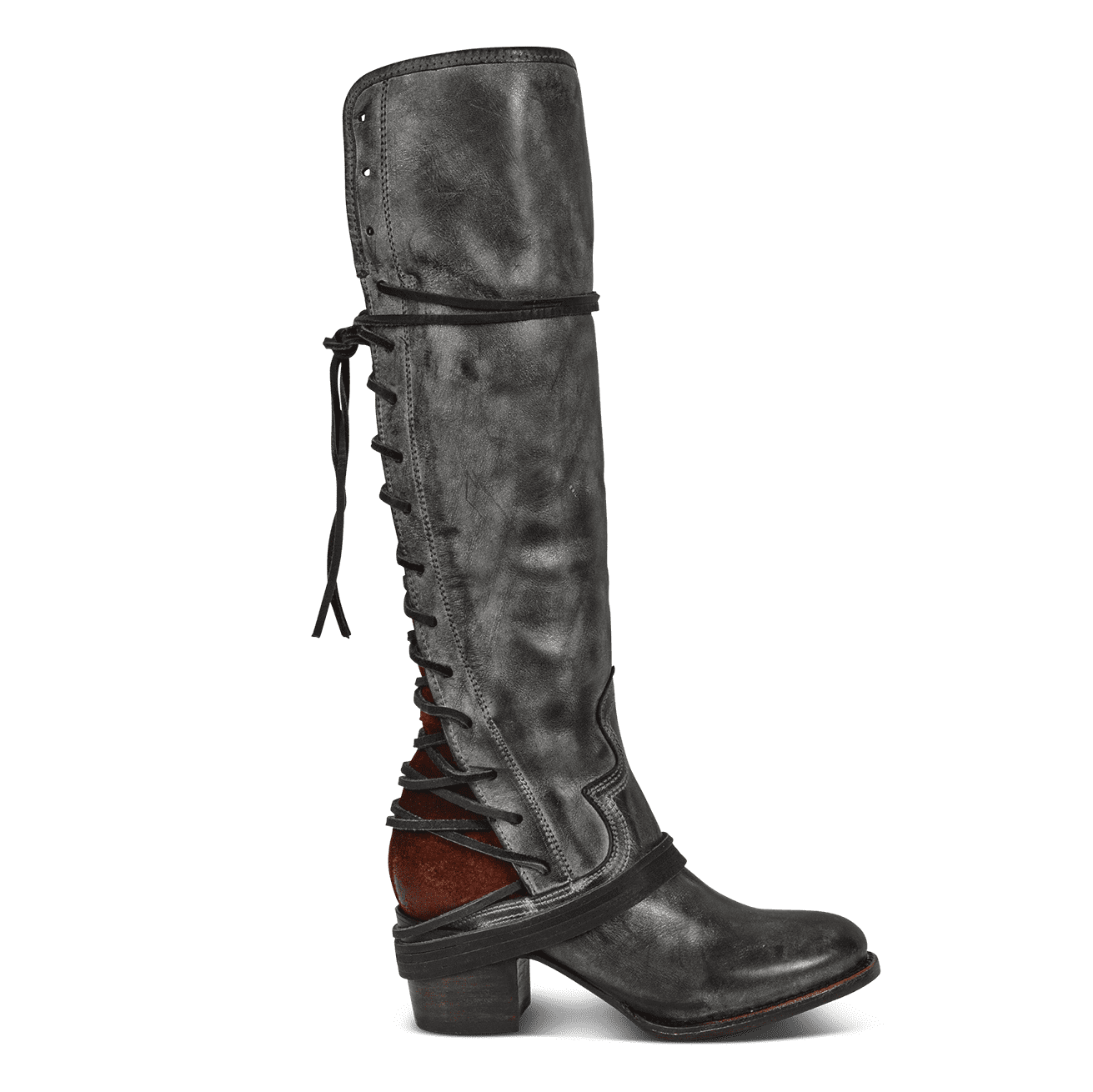 FREEBIRD women’s Coal black leather knee high adjustable back lacing boot