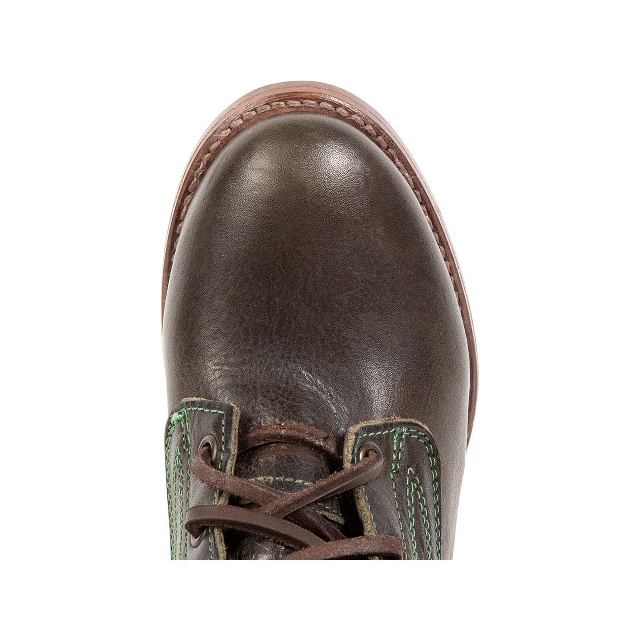 Top view showing round toe on FREEBIRD women's Grany olive tall boot