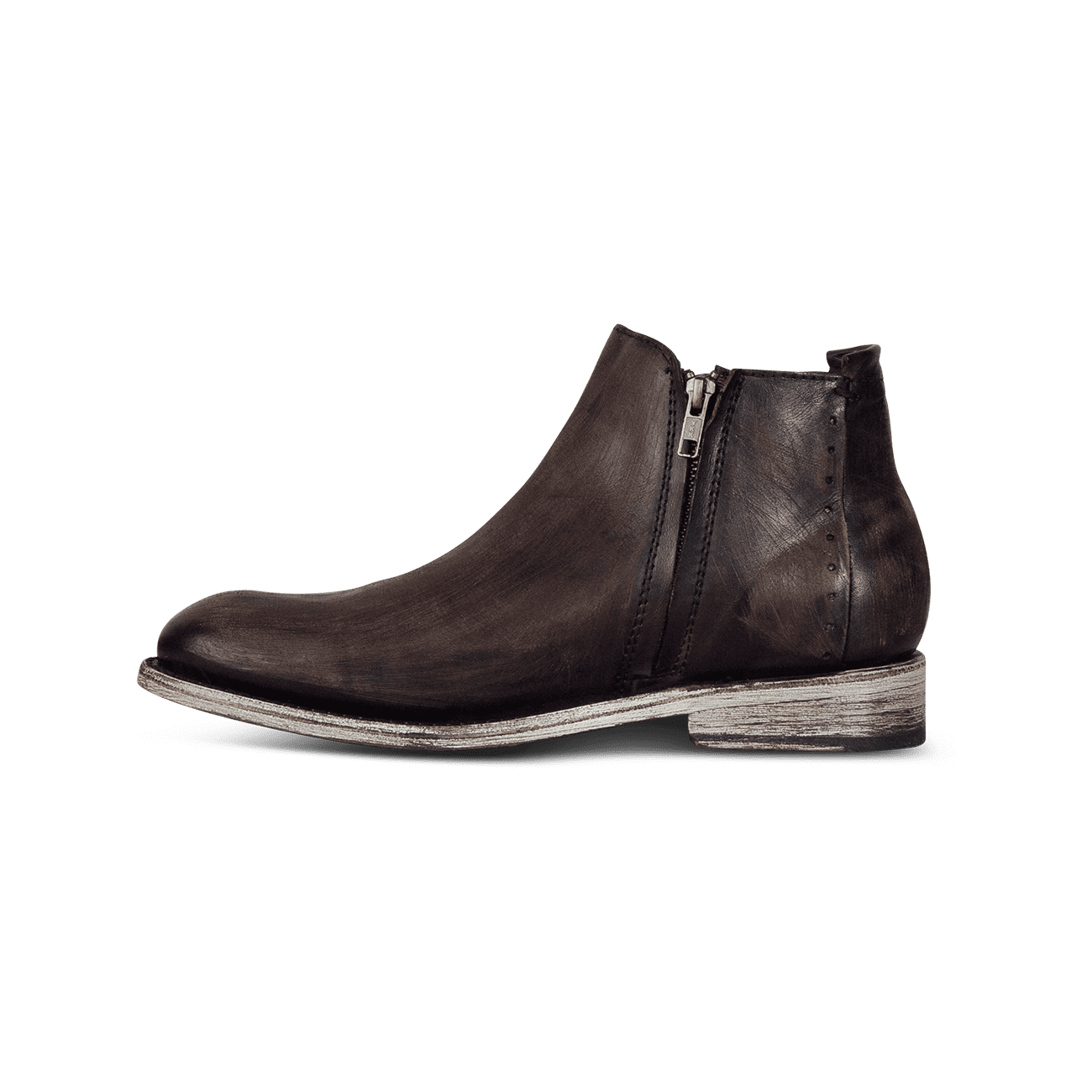 Inside view showing zip closure detailing on FREEBIRD men's Milo dark brown boot
