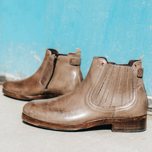 FREEBIRD men's Grayson taupe slip on boot with back tab and inside working brass zip closure