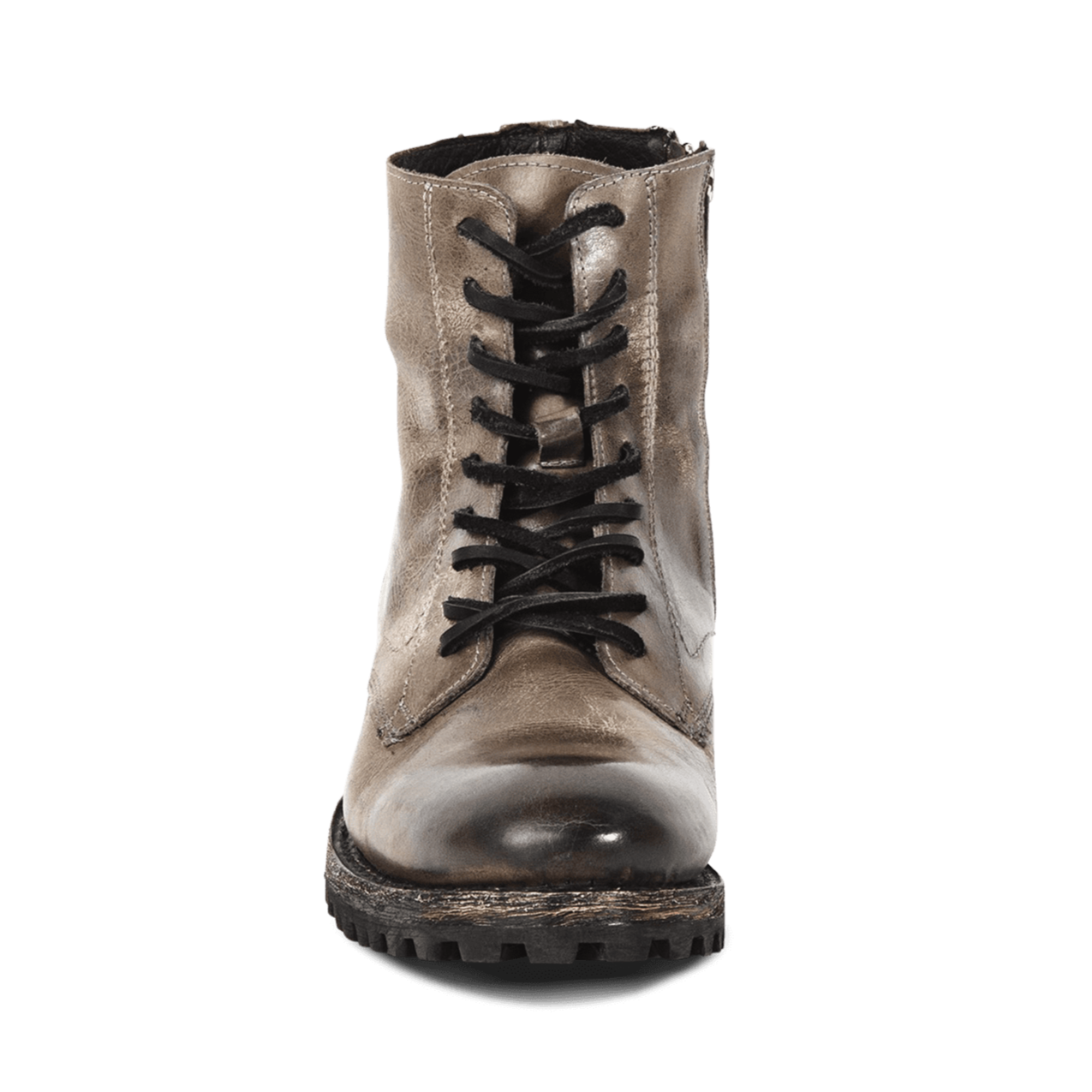 Front view showing adjustable leather lace up on FREEBIRD Jax stone leather boot