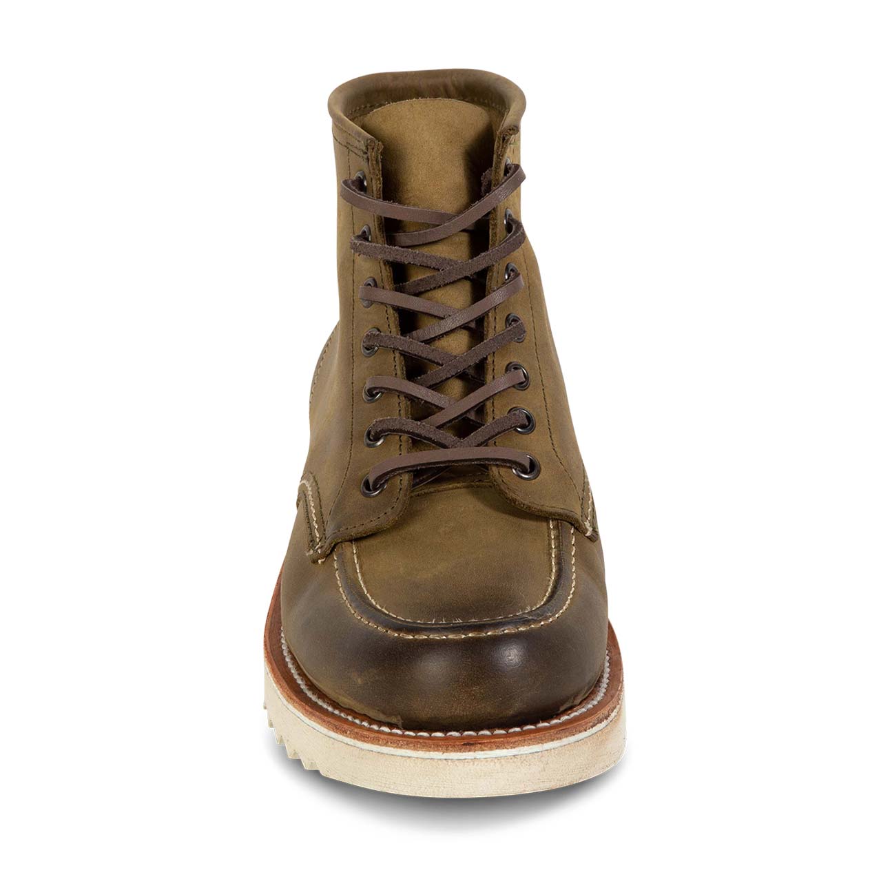 Front view showing leather tongue construction and adjustable leather lace closure on FREEBIRD men's Carbon olive shoe