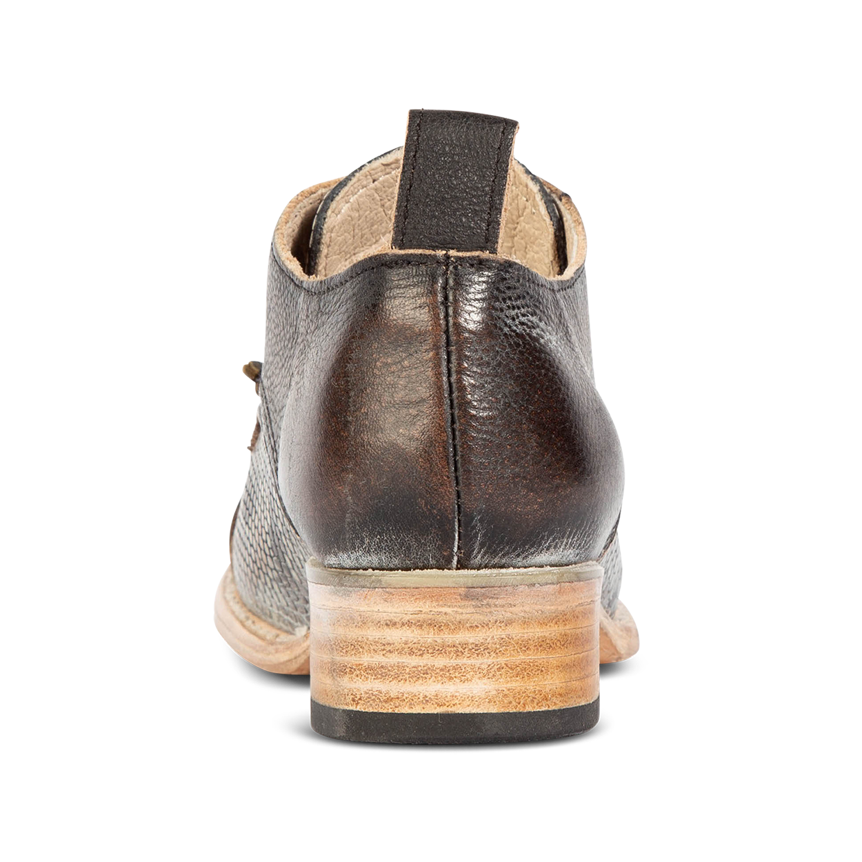 Back view showing leather pull tab on FREEBIRD women's Mabel black multi shoe