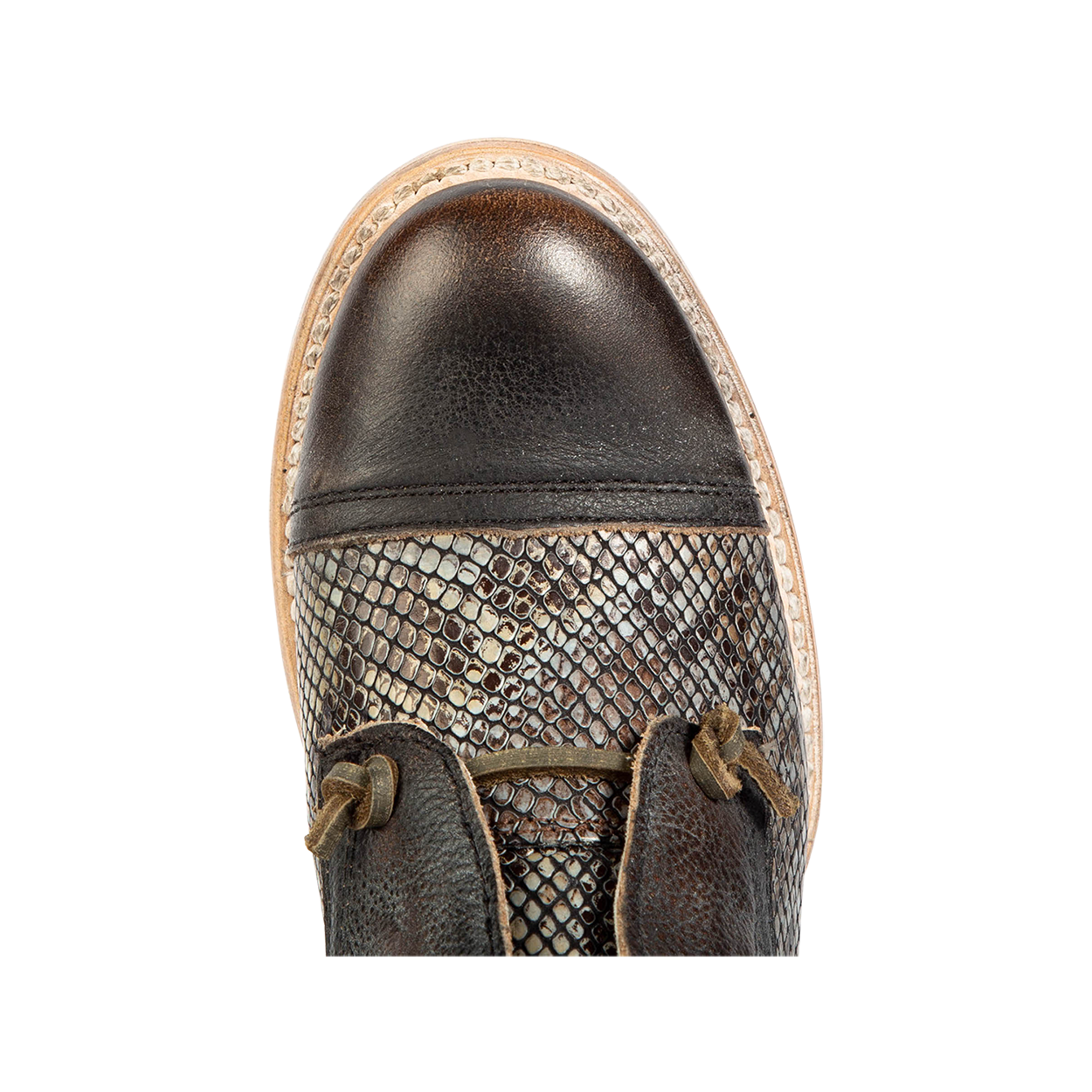 Top view showing almond toe and decorative knotted leather lace on FREEBIRD women's Mabel black multi shoe