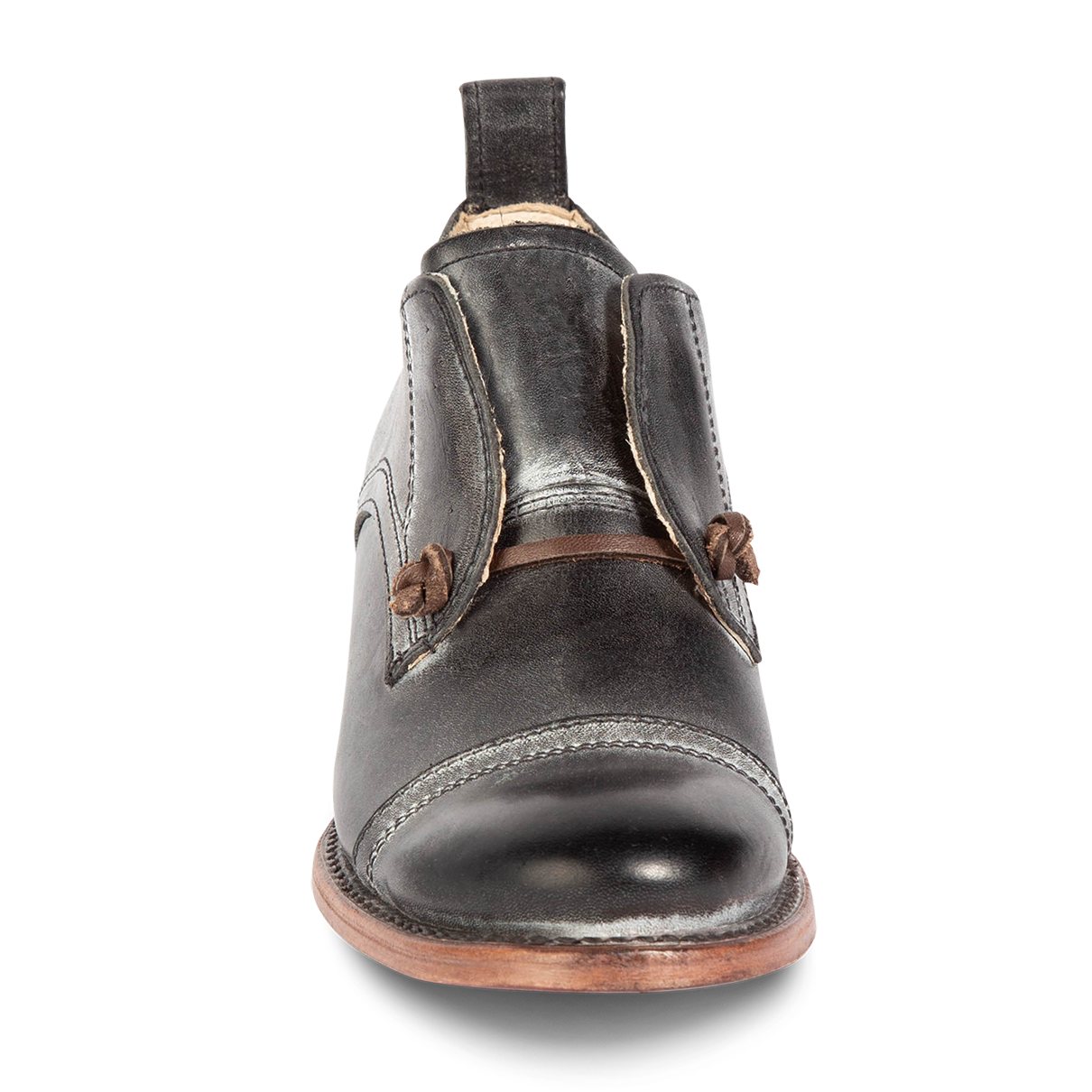 Front view showing decorative knotted leather lace and hidden elastic around tongue on FREEBIRD women's Mabel black shoe