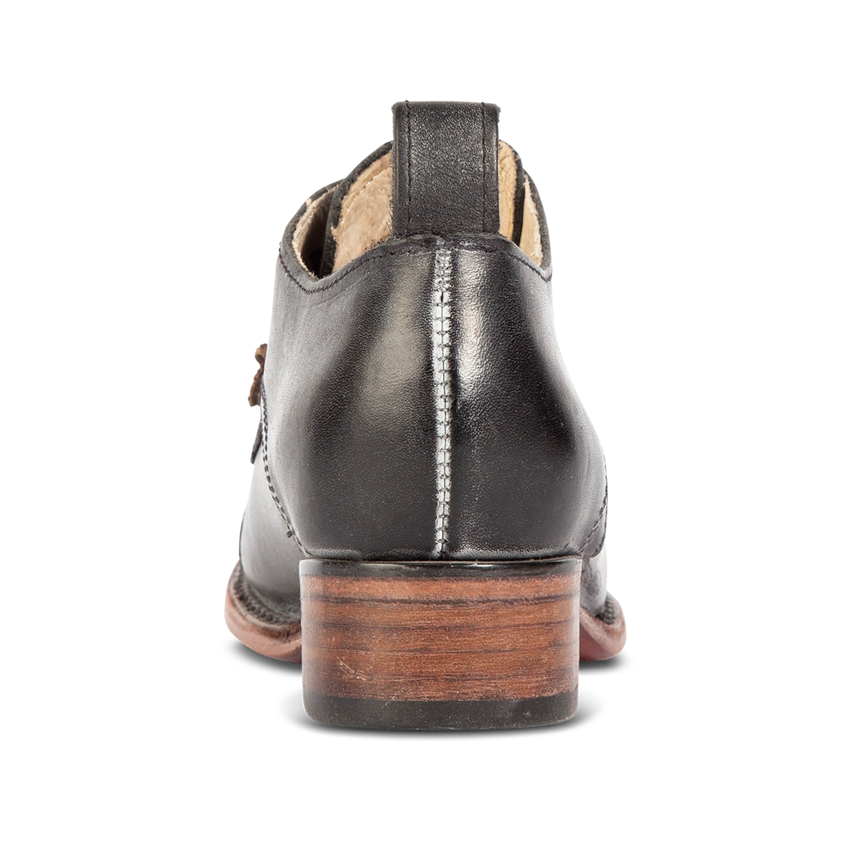 Back view showing leather pull tab on FREEBIRD women's Mabel black shoe
