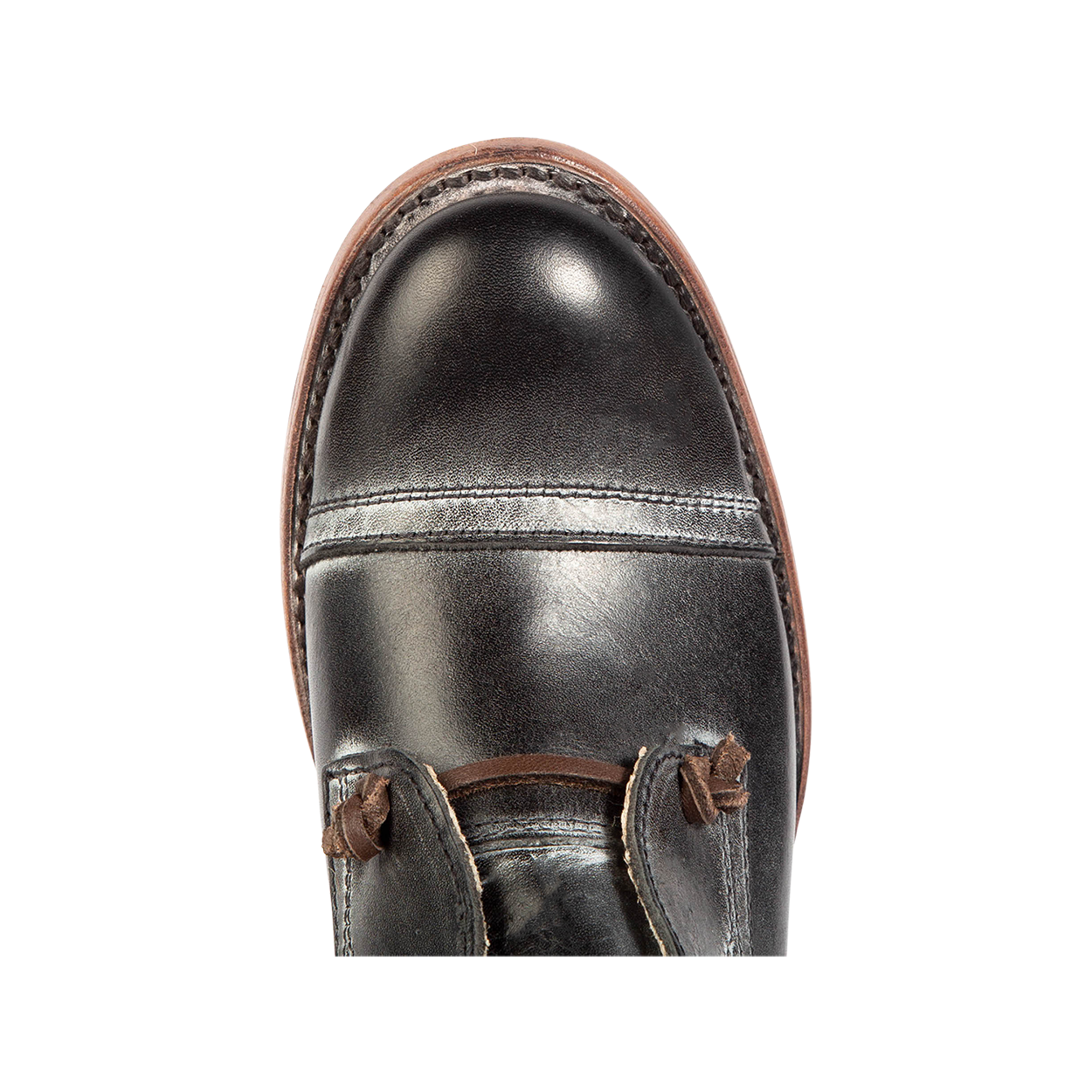 Top view showing almond toe and decorative knotted leather lace on FREEBIRD women's Mabel black shoe