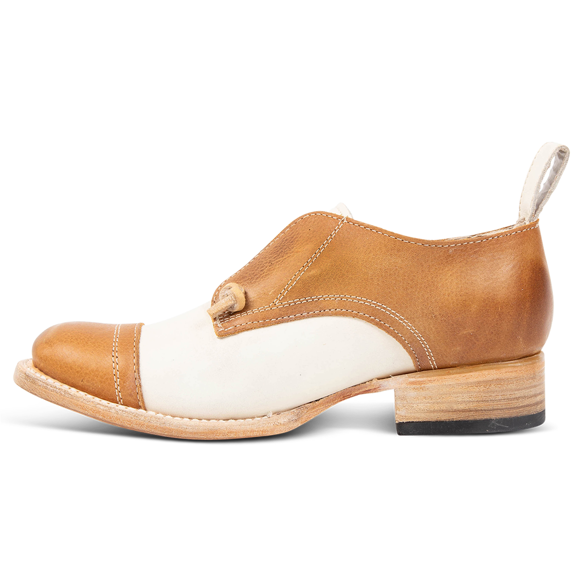 Inside view showing stitch detailing and low heel on FREEBIRD women's Mabel wheat multi shoe