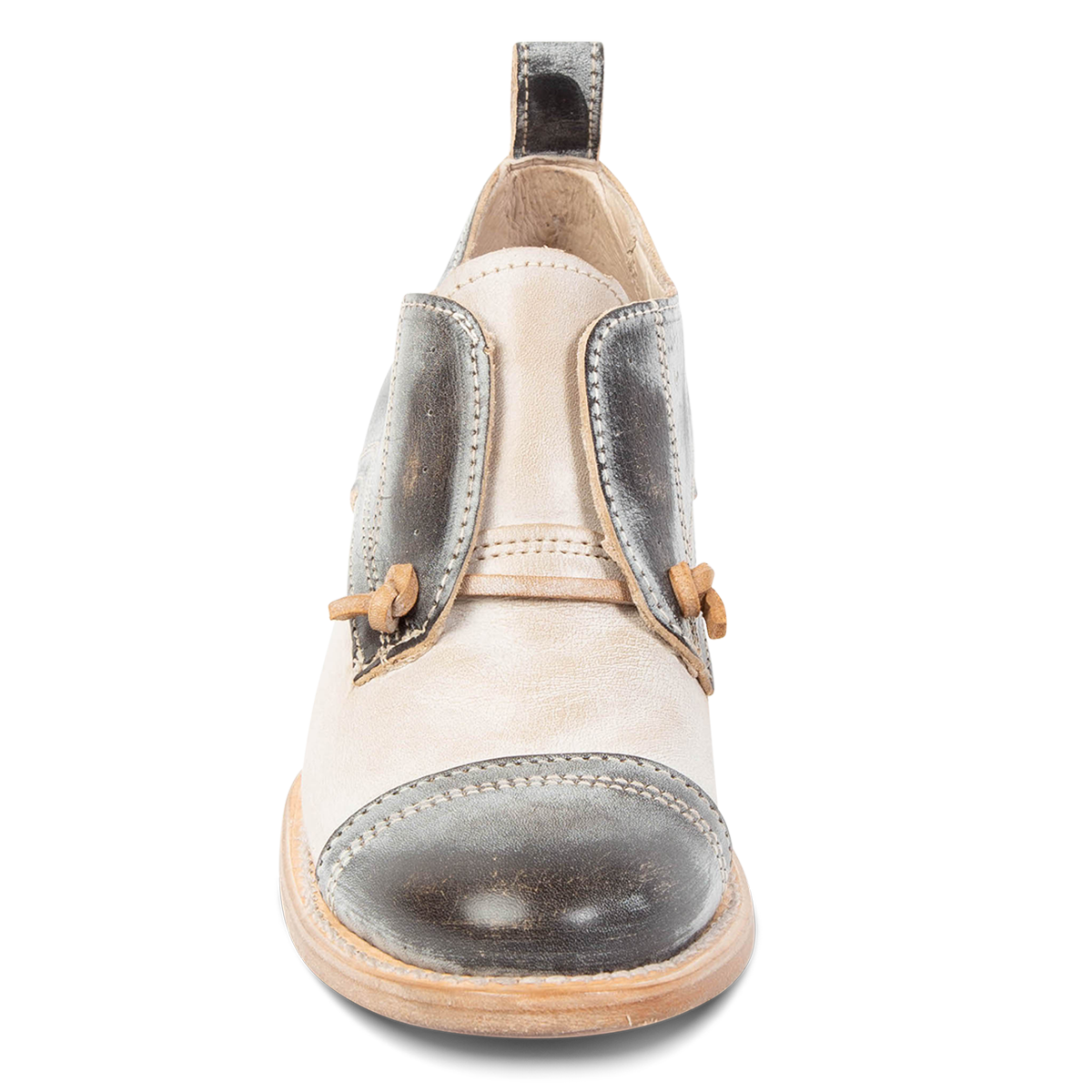 Front view showing decorative knotted leather lace and hidden elastic around tongue on FREEBIRD women's Mabel ice multi shoe