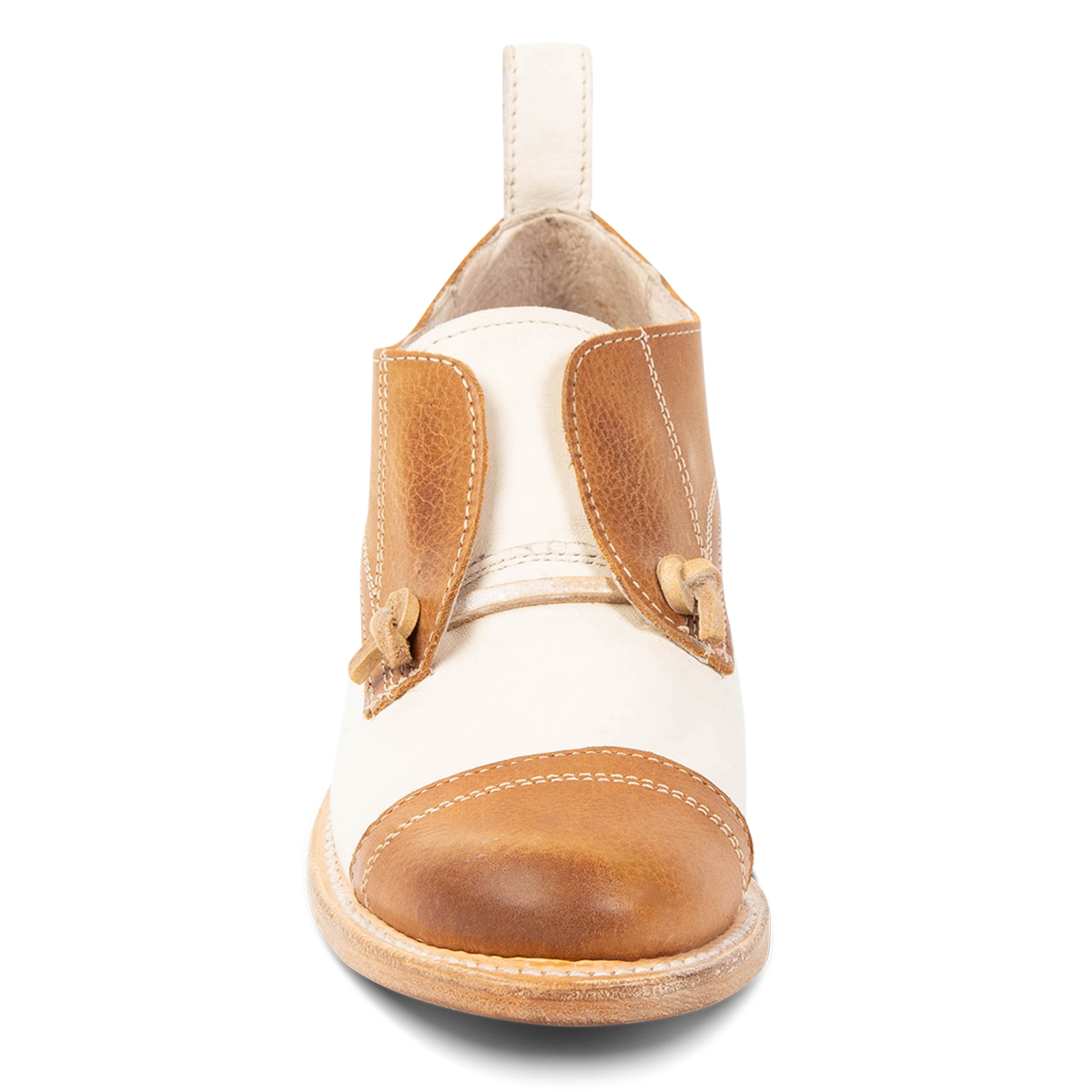 Front view showing decorative knotted leather lace and hidden elastic around tongue on FREEBIRD women's Mabel wheat multi shoe