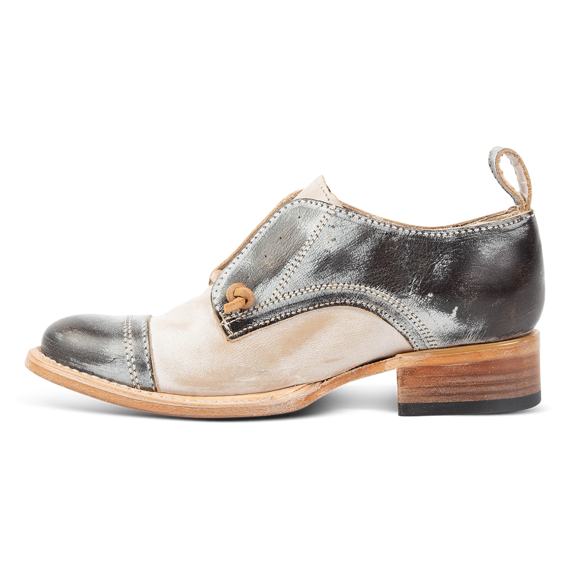 Inside view showing stitch detailing and low heel on FREEBIRD women's Mabel ice multi shoe