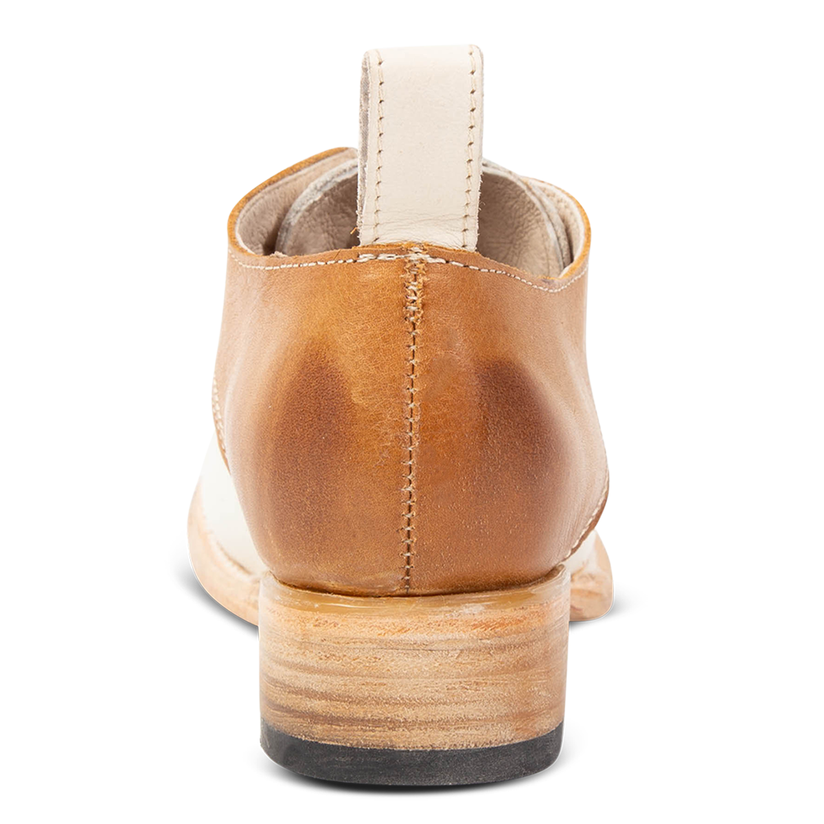 Back view showing leather pull tab on FREEBIRD women's Mabel wheat multi shoe