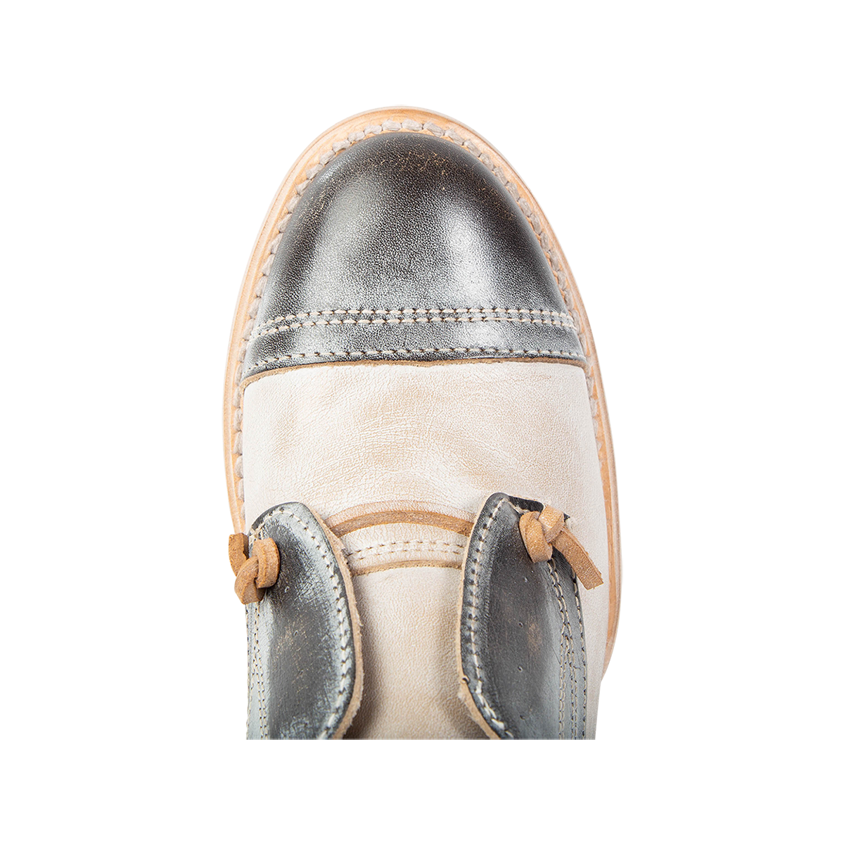 Top view showing almond toe and decorative knotted leather lace on FREEBIRD women's Mabel ice multi shoe