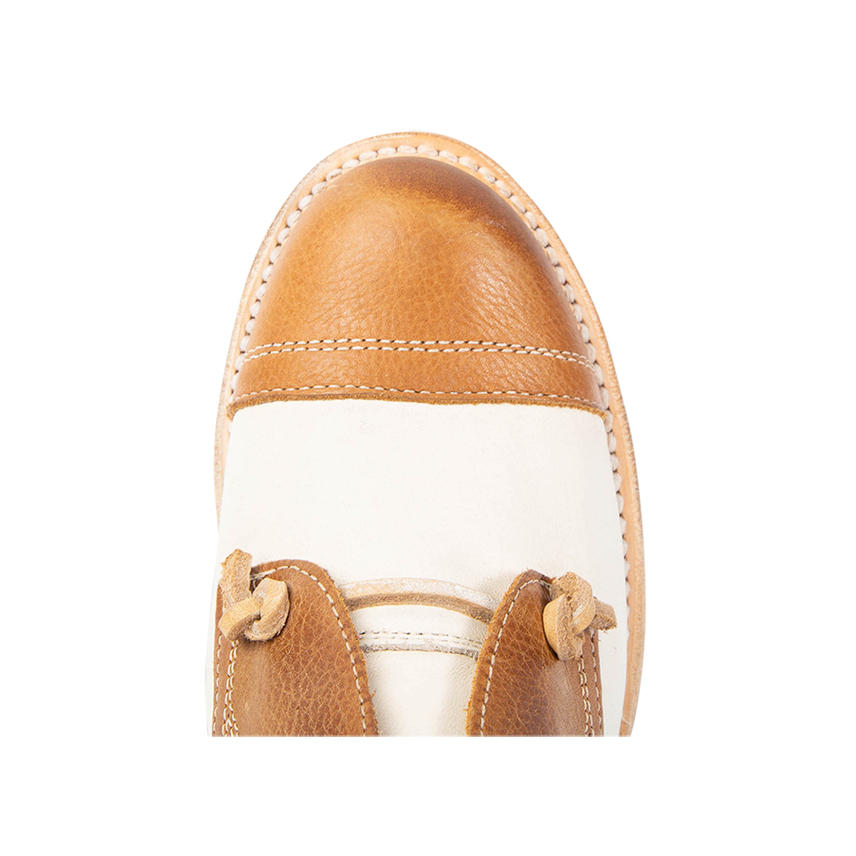 Top view showing almond toe and decorative knotted leather lace on FREEBIRD women's Mabel wheat multi shoe