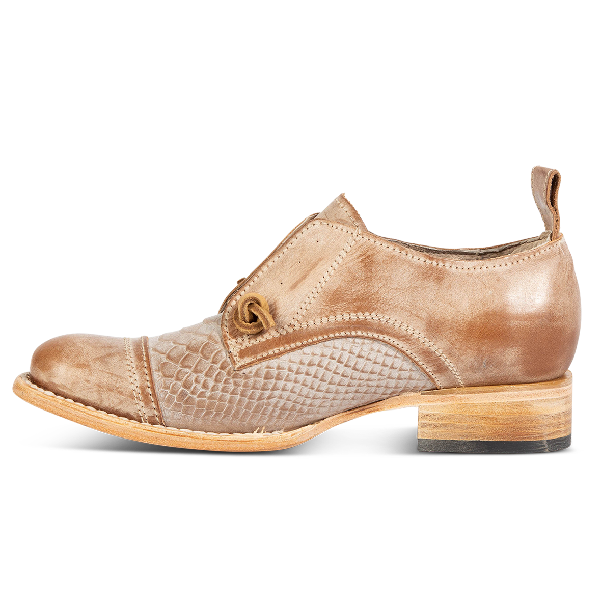 Inside view showing stitch detailing and low heel on FREEBIRD women's Mabel taupe multi shoe