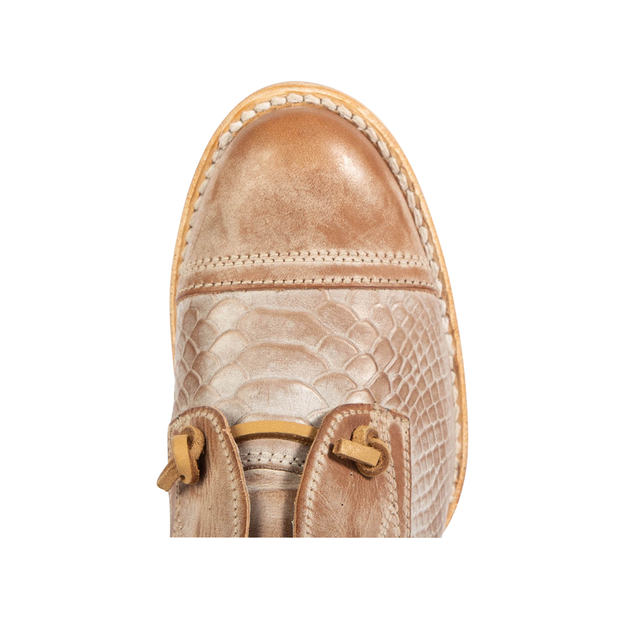 Top view showing almond toe and decorative knotted leather lace on FREEBIRD women's Mabel taupe multi shoe