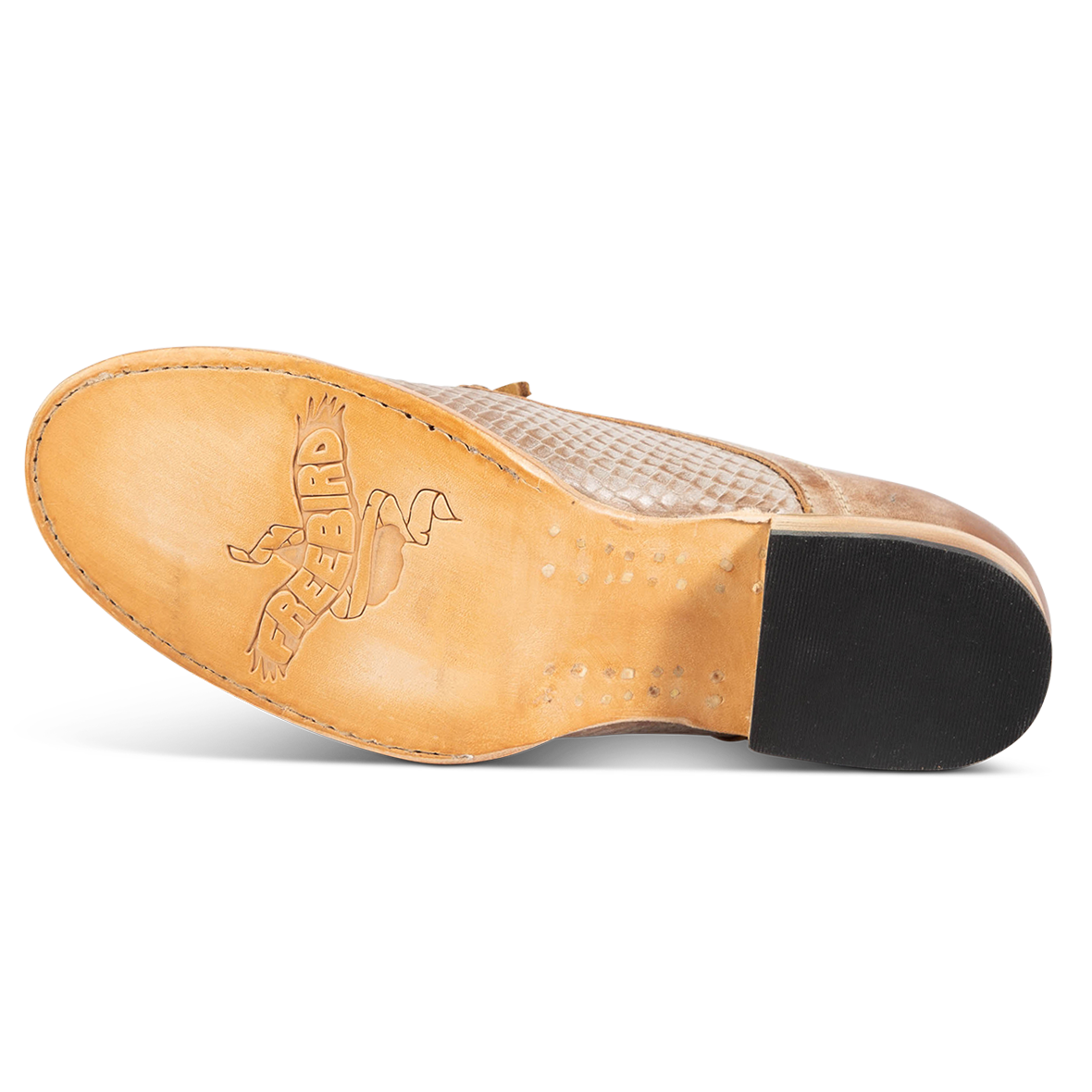 Leather sole imprinted with FREEBIRD on women's Mabel taupe multi shoe