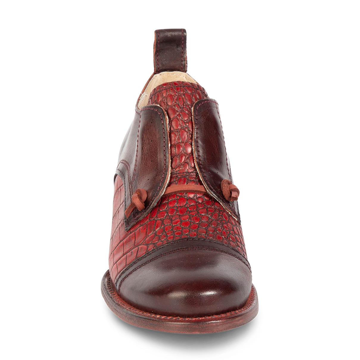 Front view showing decorative knotted leather lace and hidden elastic around tongue on FREEBIRD women's Mabel wine multi shoe