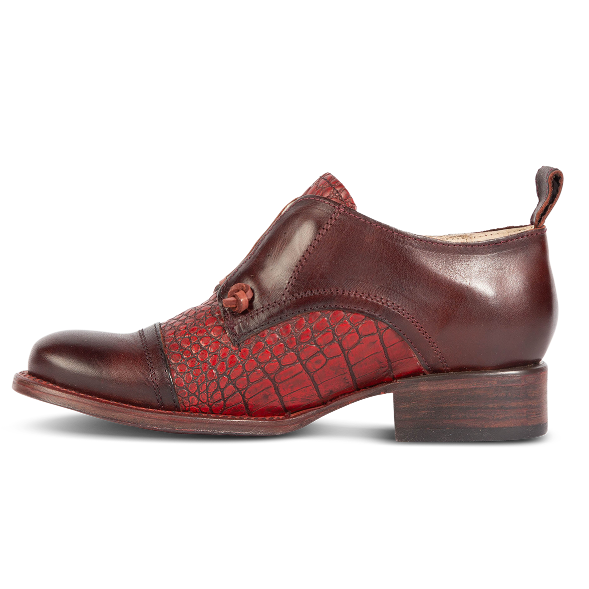 Inside view showing stitch detailing and low heel on FREEBIRD women's Mabel wine multi shoe