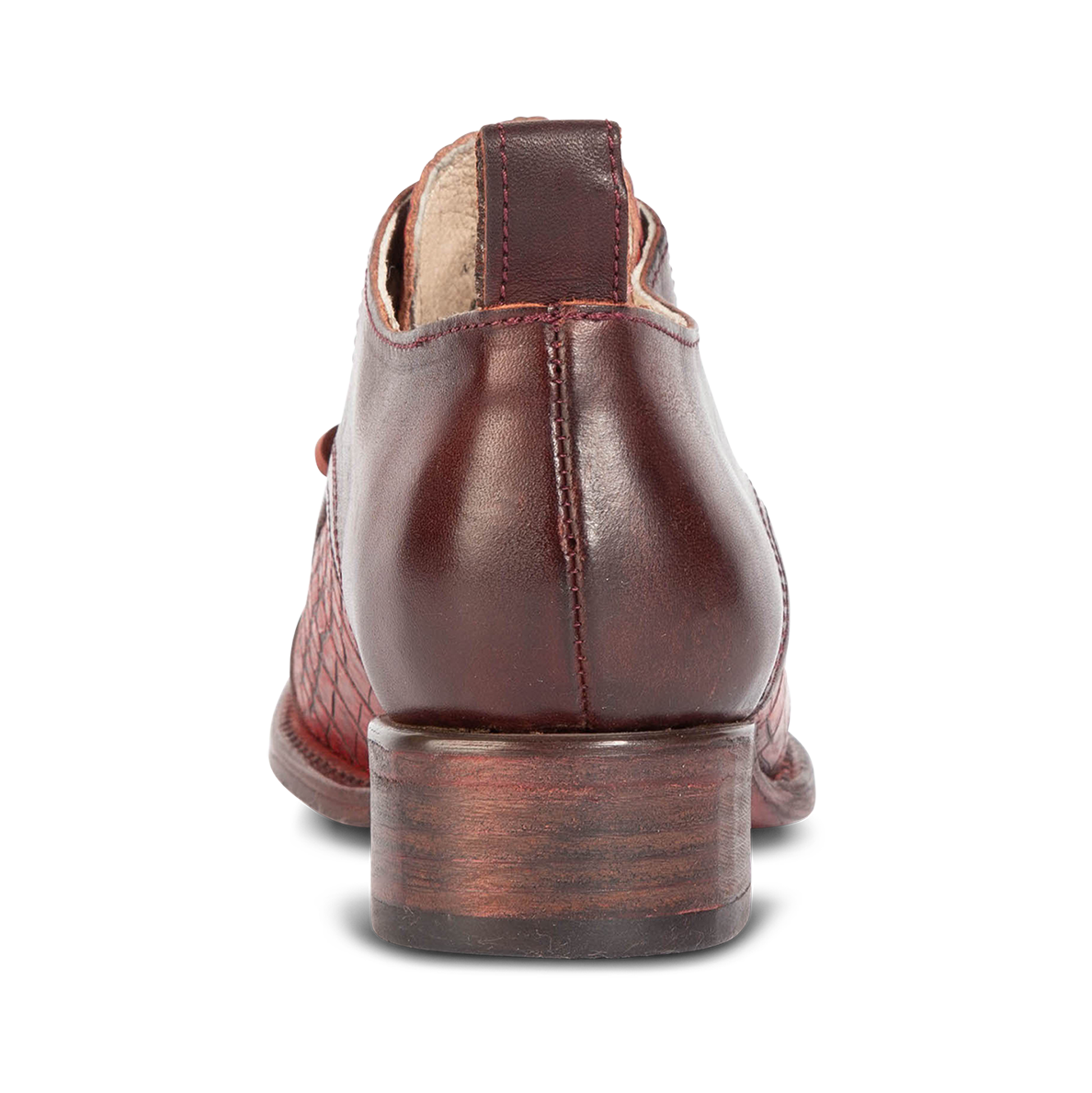 Back view showing leather pull tab on FREEBIRD women's Mabel wine multi shoe
