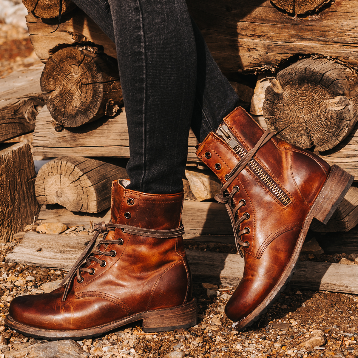 FREEBIRD women's Manchester cognac low heel lace up combat boot with inside zip closure