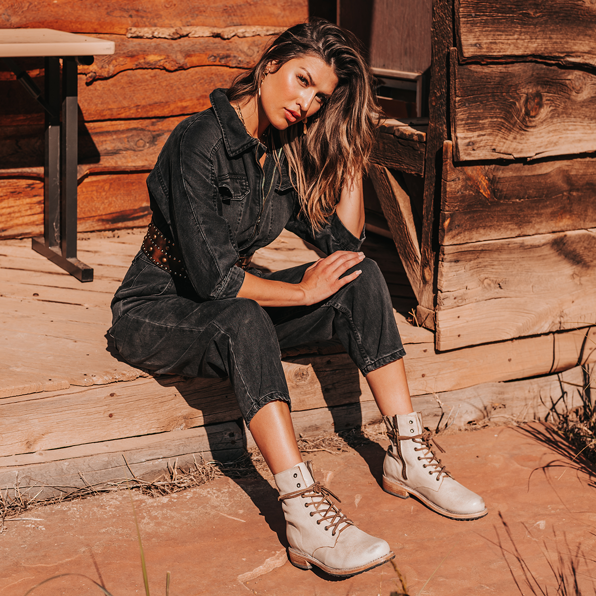 FREEBIRD women's Manchester taupe distressed low heel lace up combat boot with inside zip closure lifestyle