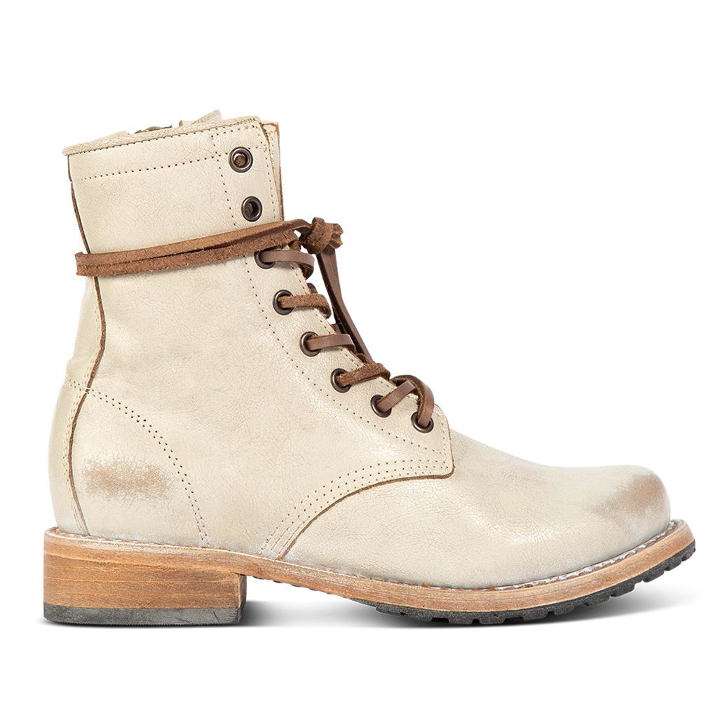 FREEBIRD women's Manchester taupe distressed low heel lace up combat boot with inside zip closure