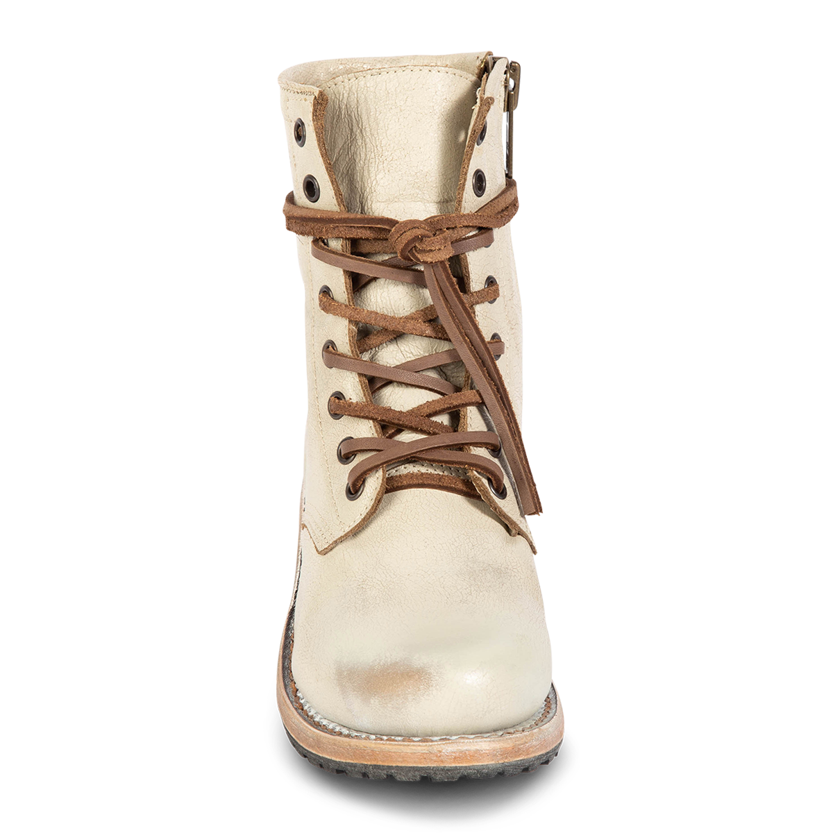 Front view showing adjustable leather lace closure on FREEBIRD women's Manchester taupe distressed combat boot