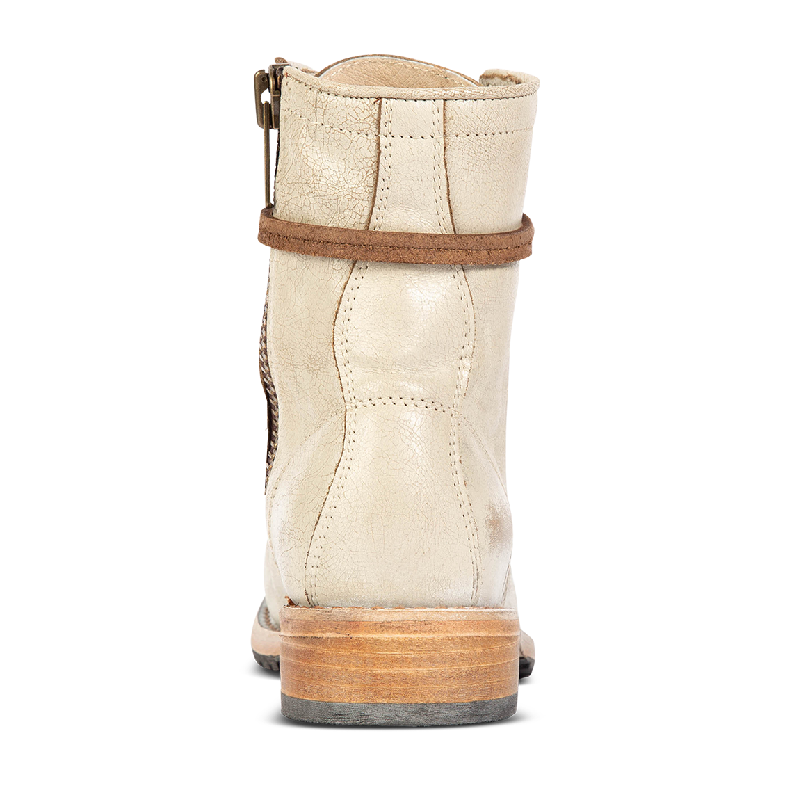 Back view showing low wood heel on FREBIRD women's Manchester taupe distressed combat boot
