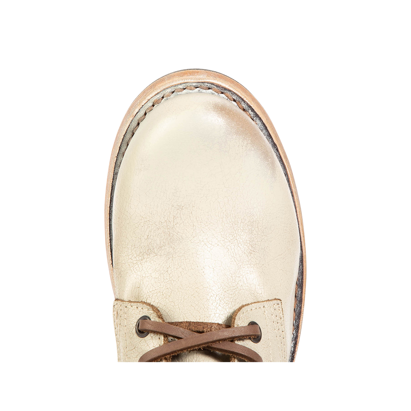 Top view showing round toe on FREEBIRD women's Manchester taupe distressed combat boot