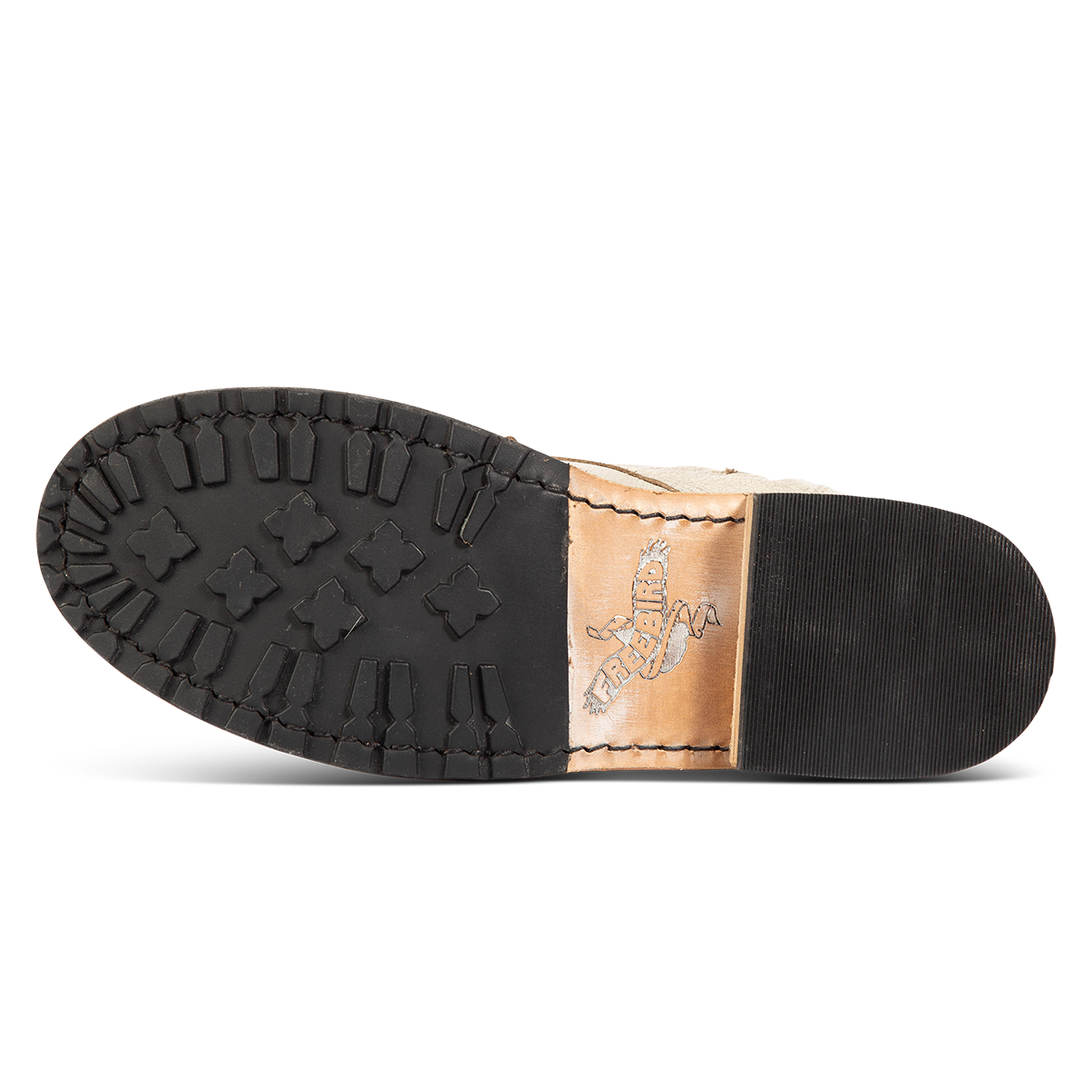 Rubber tread sole imprinted with FREEBIRD on women's Manchester taupe distressed combat boot