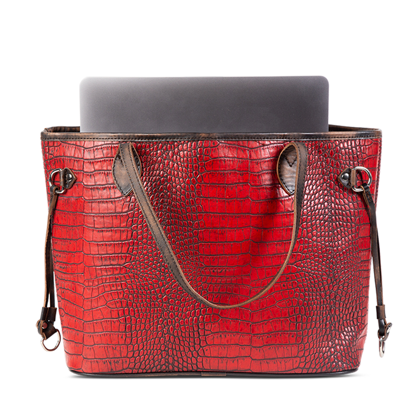 Mara red croco leather strap and side detailing on FREEBIRD tote bag
