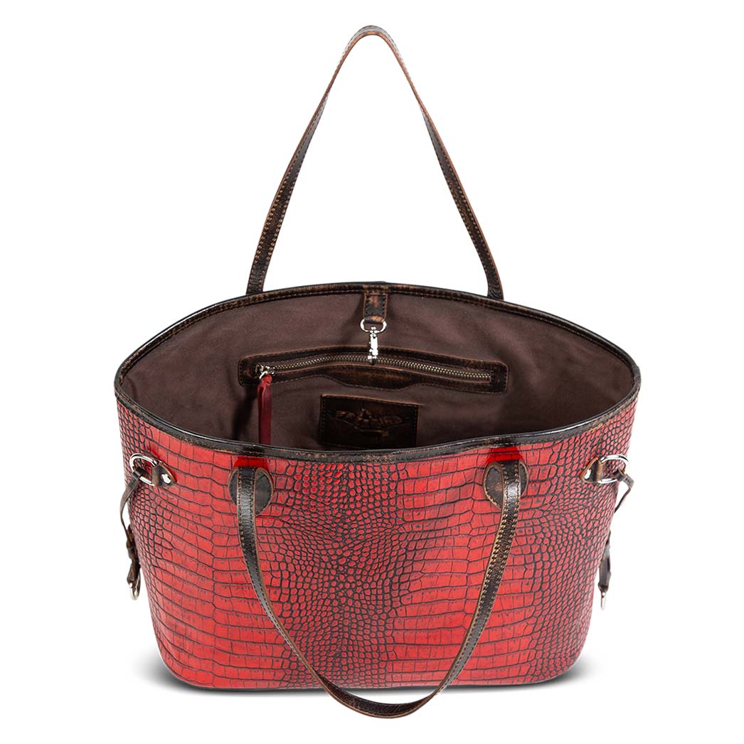 Mara red croco interior zip pocket and silver clasp closure on FREEBIRD tote bag