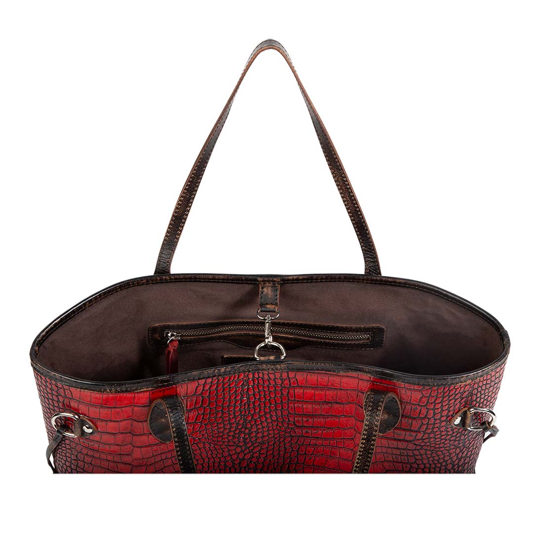 Mara red croco interior silver clasp closure on FREEBIRD tote bag