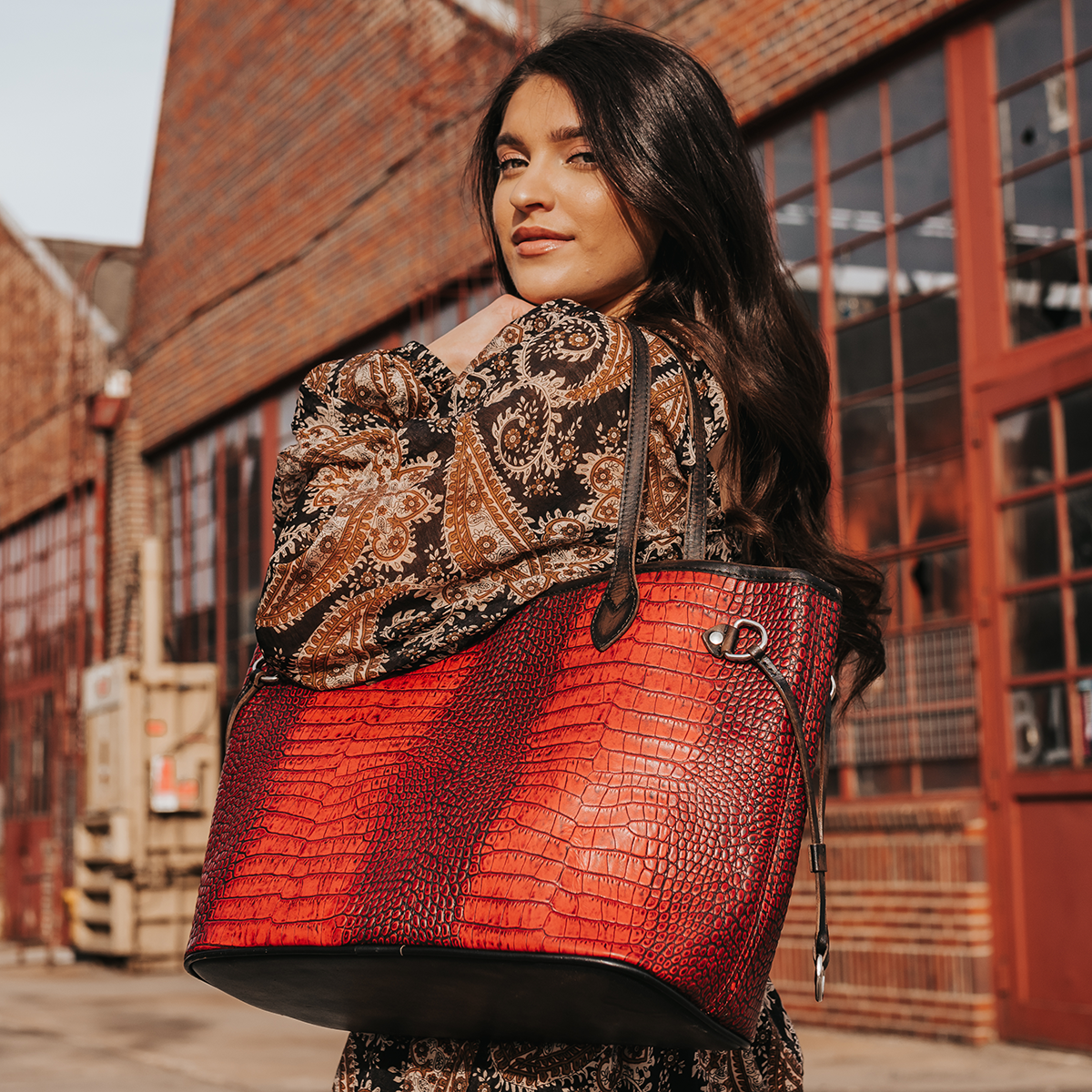 FREEBIRD Mara red croco embossed leather tote bag with top handles and interior zip pocket