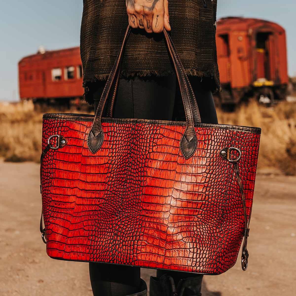 FREEBIRD Mara red croco embossed leather tote bag with top handles and interior zip pocket 
