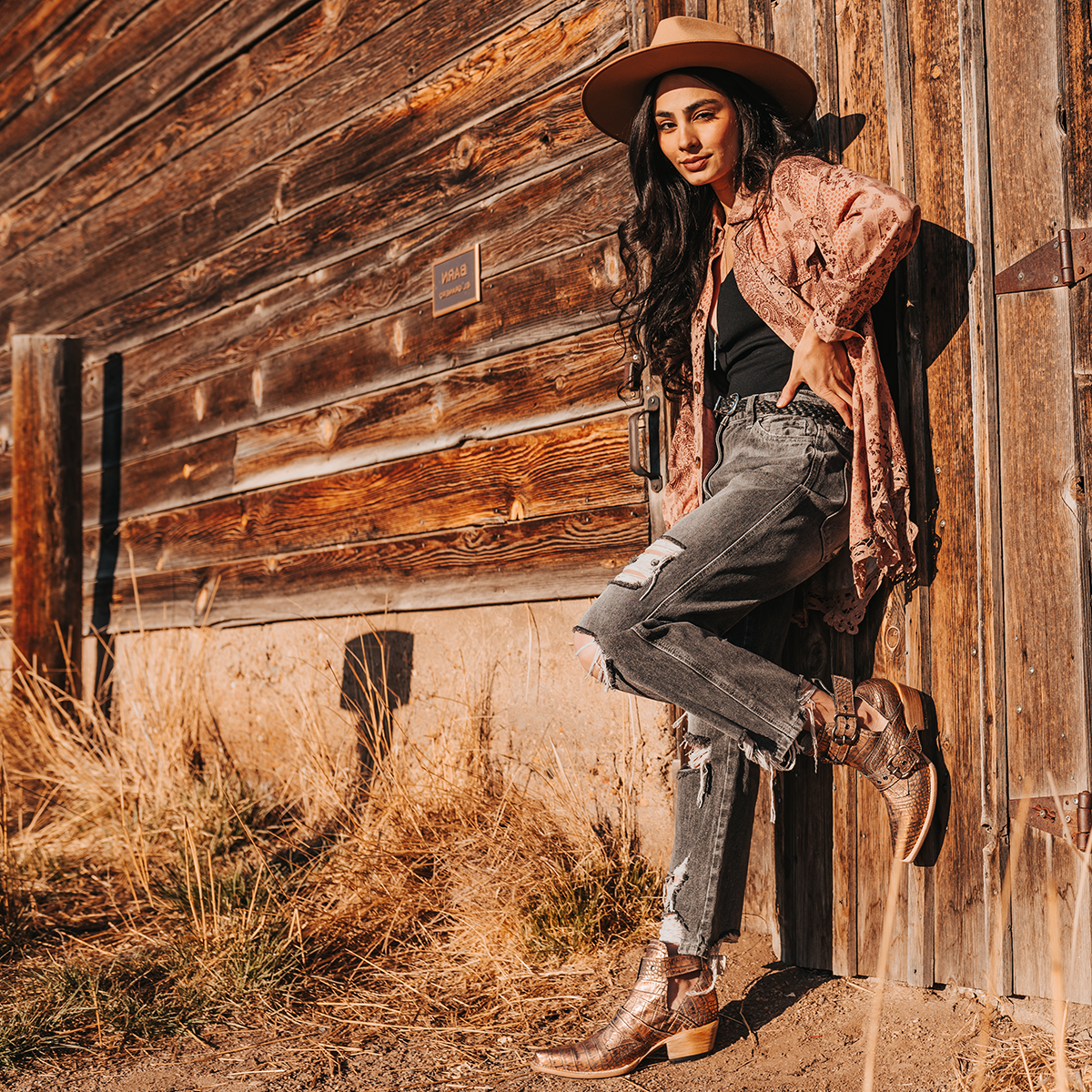 FREEBIRD women's Mayhem blush croco western ankle bootie with exposed sides, adjustable metal buckles, and snip toe lifestyle