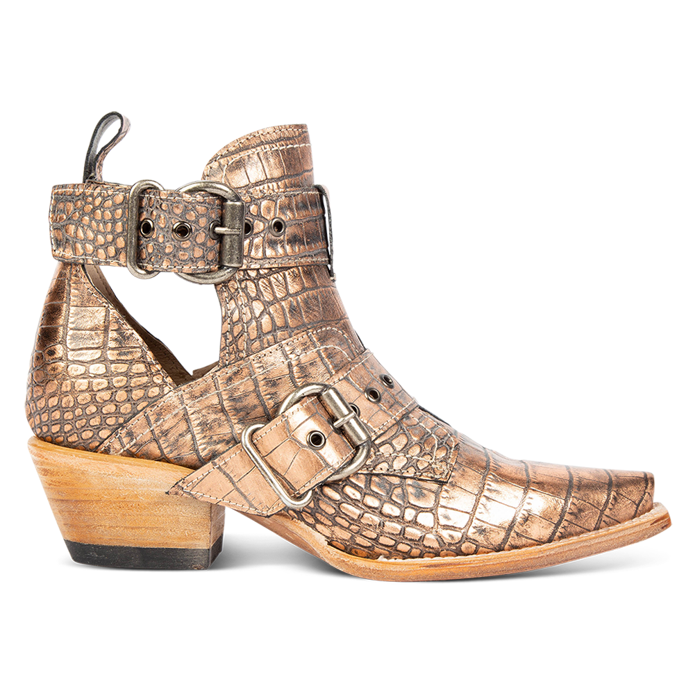 FREEBIRD women's Mayhem blush croco western ankle bootie with exposed sides, adjustable metal buckles, and snip toe