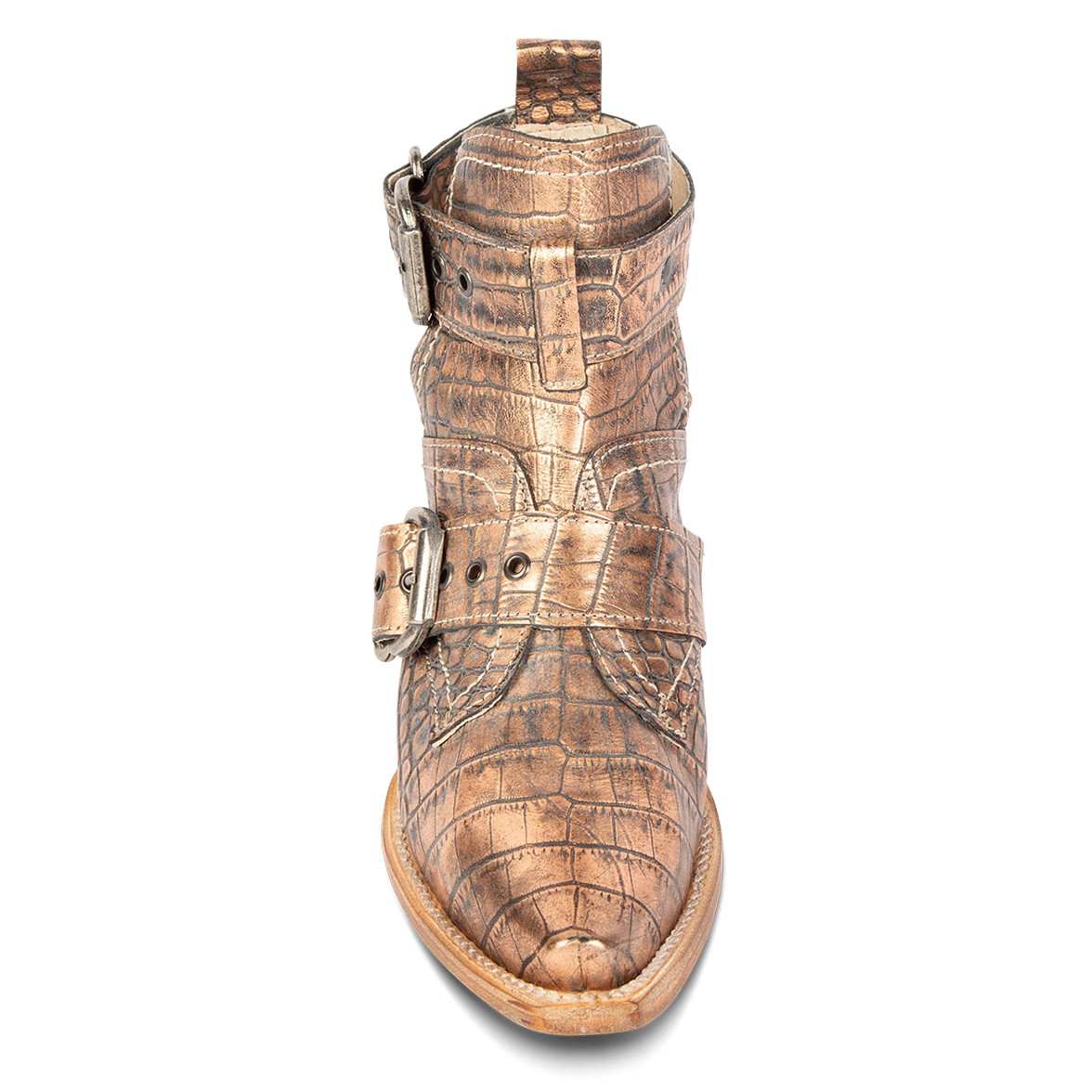 Front view showing adjustable buckle straps and snip toe on FREEBIRD women's Mayhem blush croco western ankle bootie
