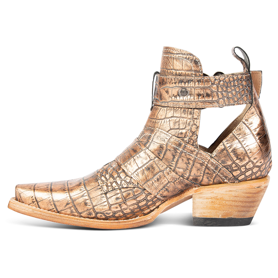 Inside view showing open cut outs on FREEBIRD women's Mayhem blush croco western snip toe ankle bootie