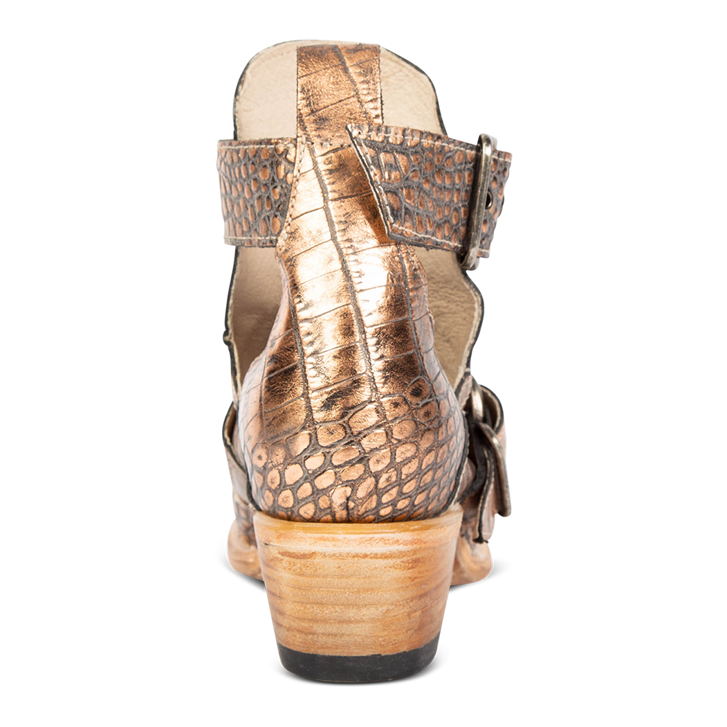 Back view showing pull strap on FREEBIRD women's Mayhem blush croco western ankle bootie